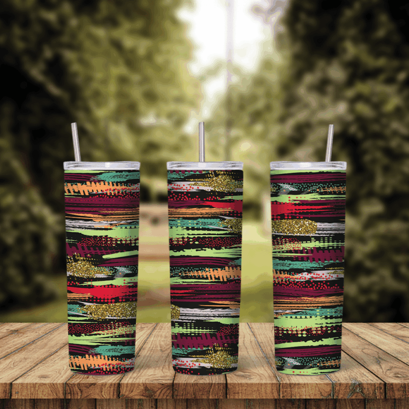 A full 20 oz skinny tumbler wrap with horizontal brush strokes in red, green, pink, yellow, teal and gold glitter over a black. Sublimation design
