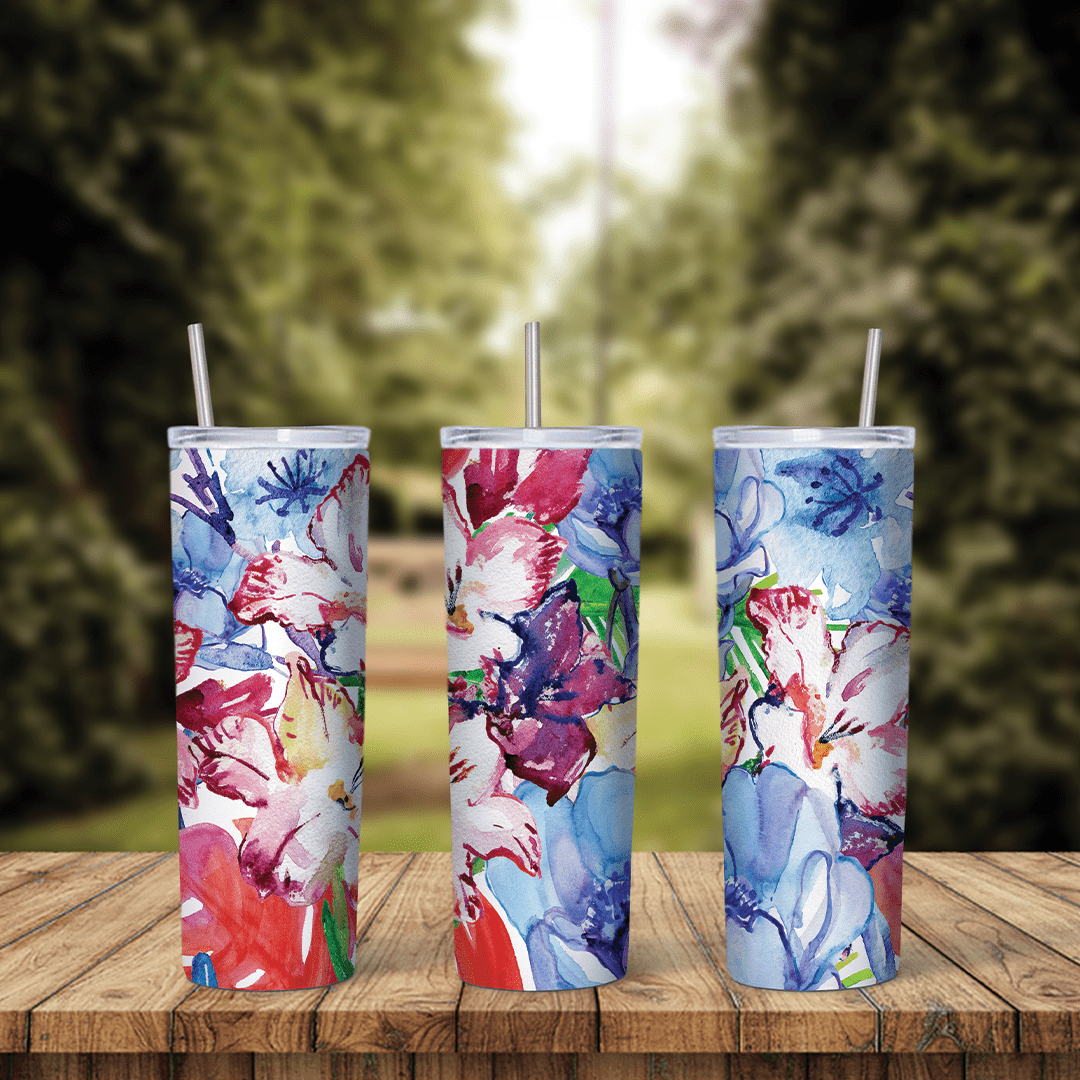 A full 20 oz skinny tumbler wrap with loose watercolor flowers in pink, red, purple and blue on a white background. Sublimation design