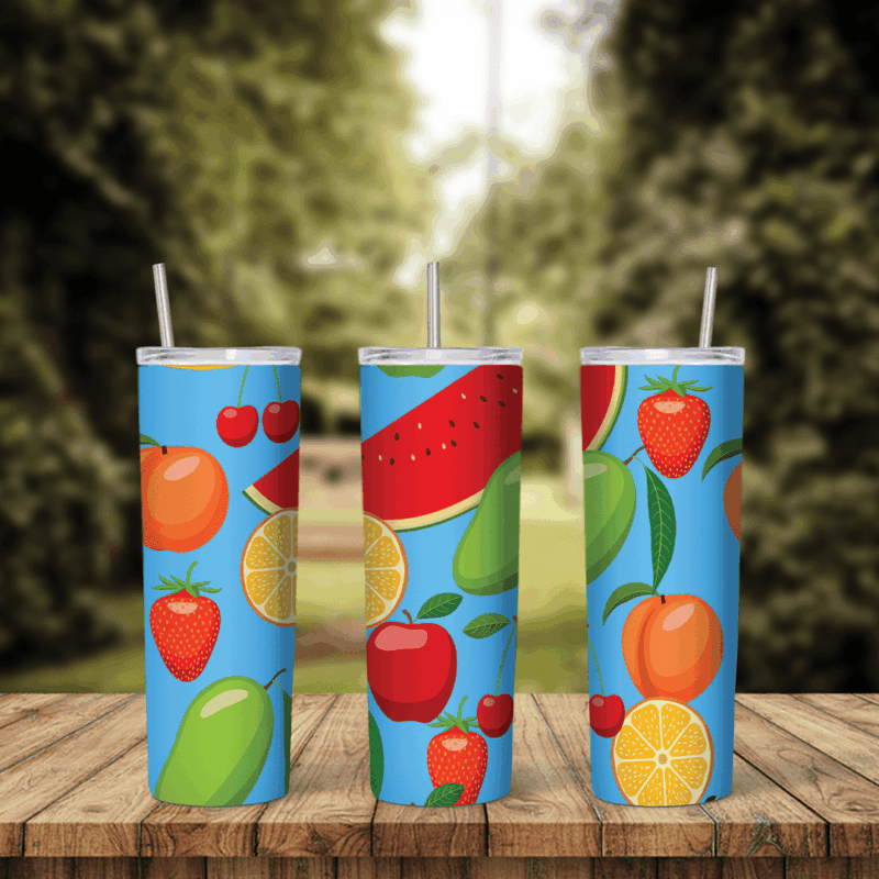 A full 20 oz skinny tumbler wrap with watermelon slices, oranges, lemon slices, strawberries, apples and a mango on a bright blue. Sublimation design