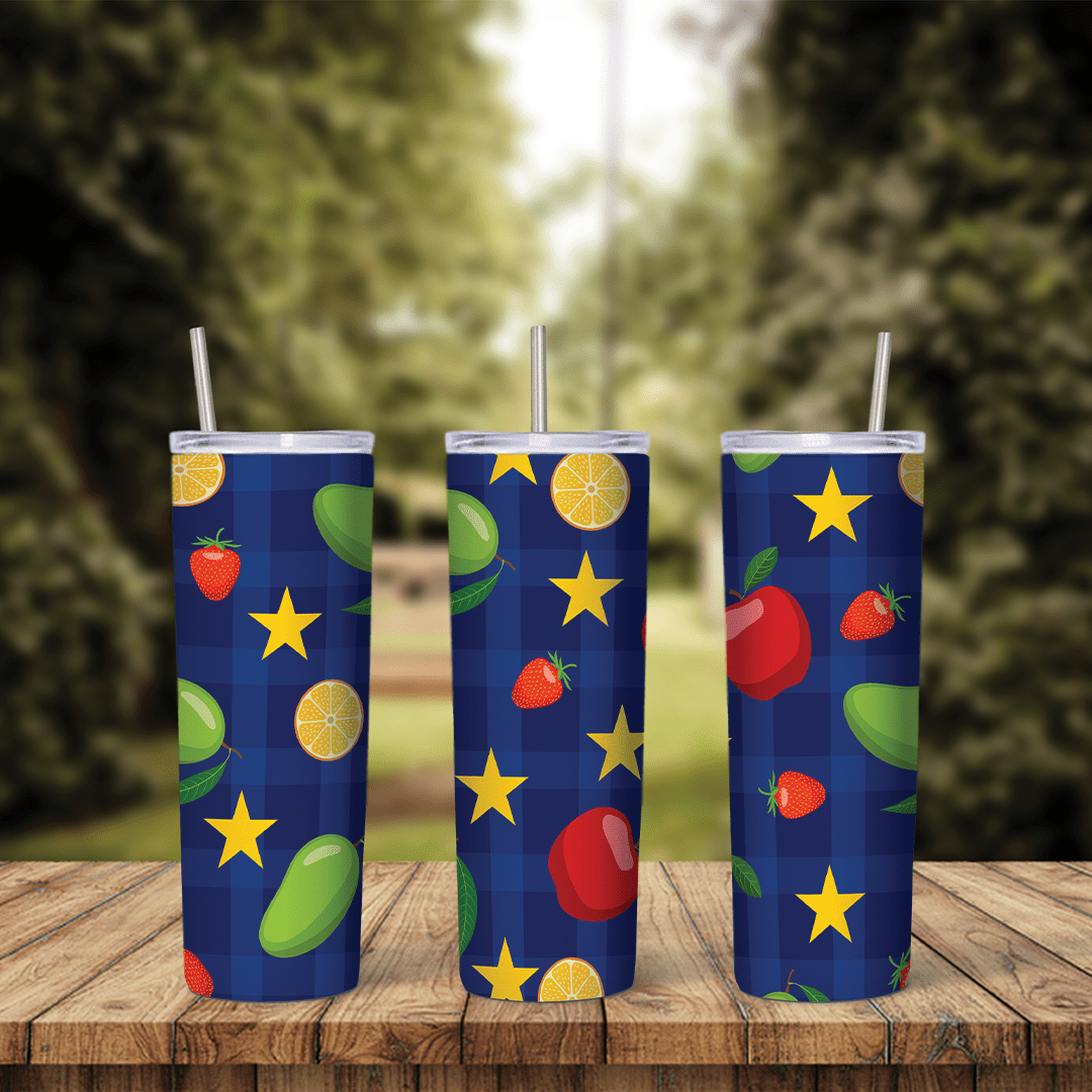 A full 20 oz skinny tumbler wrap with limes, lemons, strawberries, red apples and yellow stars on a navy plaid background. Sublimation design