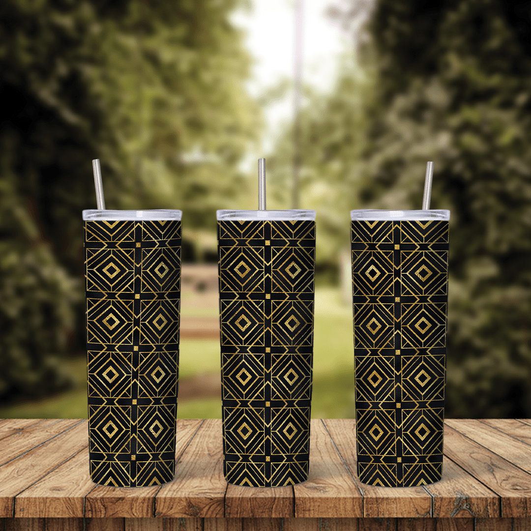 A 20 oz skinny tumbler wrap with a black and gold geometric pattern of diamonds and lines in an art deco style. Sublimation design