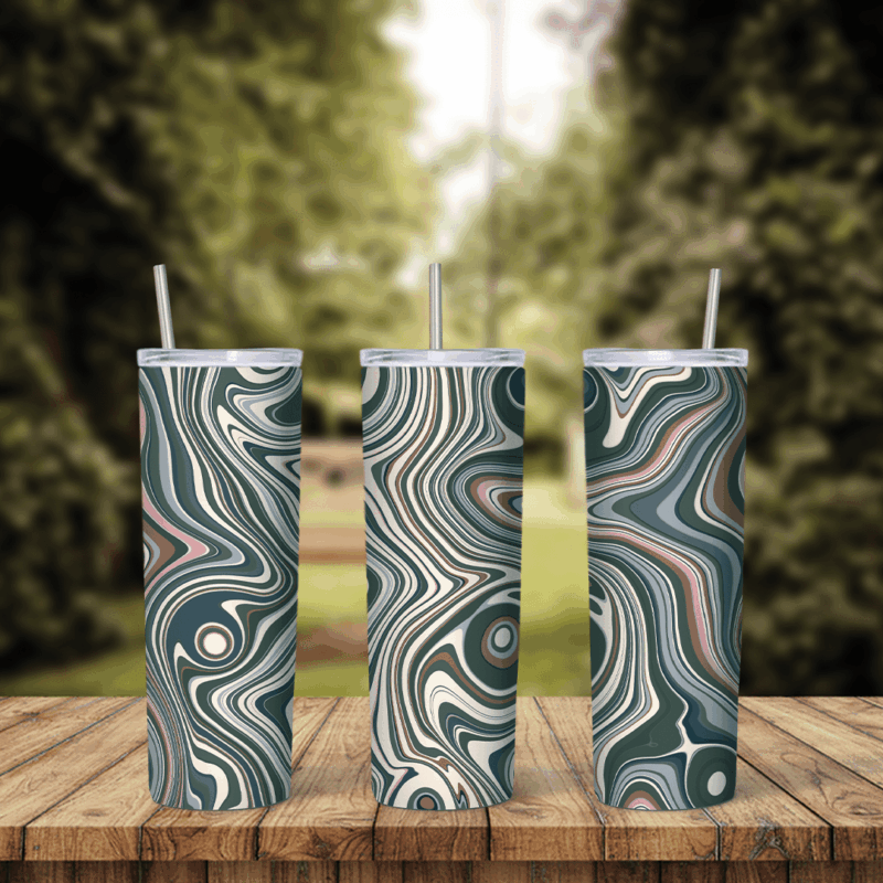 A full 20 oz skinny tumbler wrap with a fluid marble swirl in dark green, gray, white and soft pink lines. Sublimation design