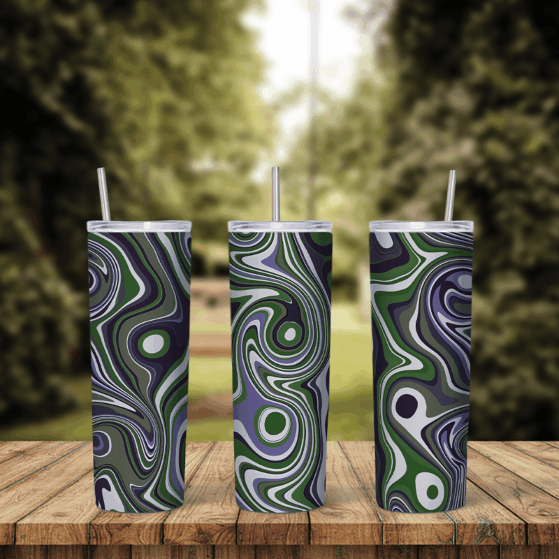 A full 20 oz skinny tumbler wrap with a fluid marble swirl in dark green, purple, black and white. Sublimation design