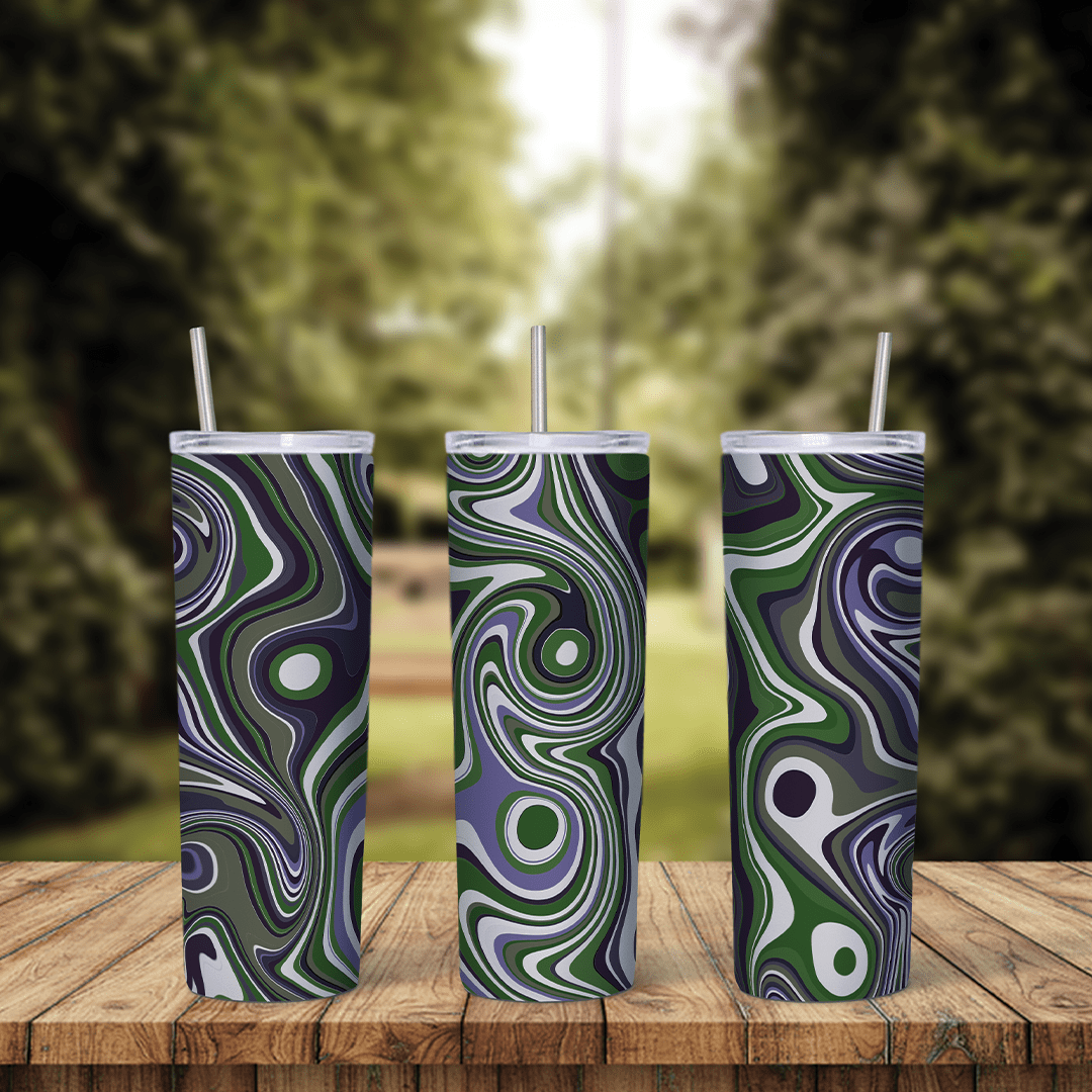 A full 20 oz skinny tumbler wrap with a fluid marble swirl in dark green, purple, black and white. Sublimation design