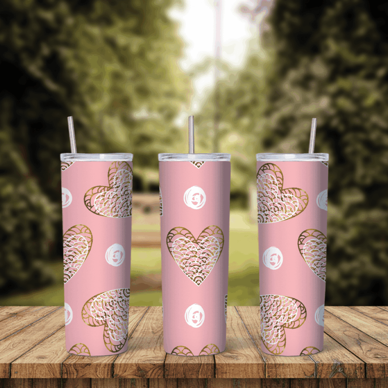 A full 20 oz skinny tumbler wrap on soft pink with large rose gold glitter hearts and white dots. Sublimation design