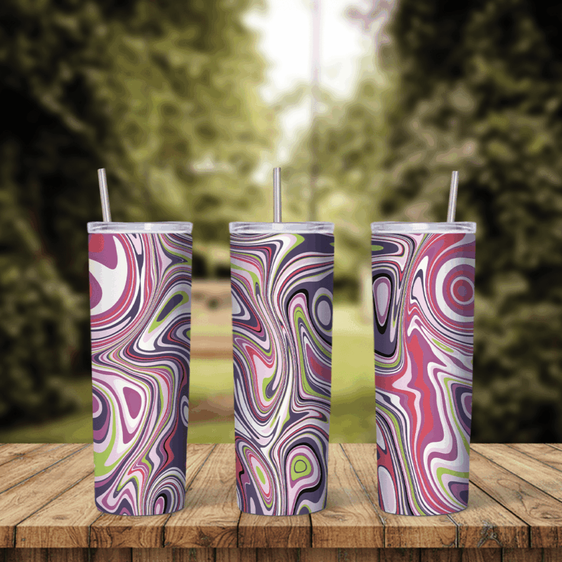 A full 20 oz skinny tumbler wrap with tight marbled swirls of pink, purple, green and white in a groovy flowing pattern. Sublimation design