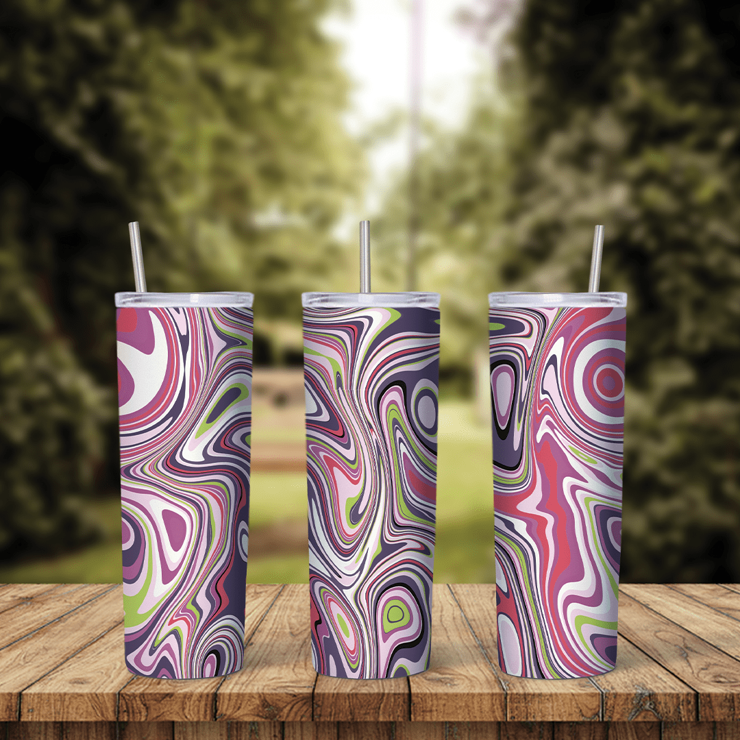 A full 20 oz skinny tumbler wrap with tight marbled swirls of pink, purple, green and white in a groovy flowing pattern. Sublimation design