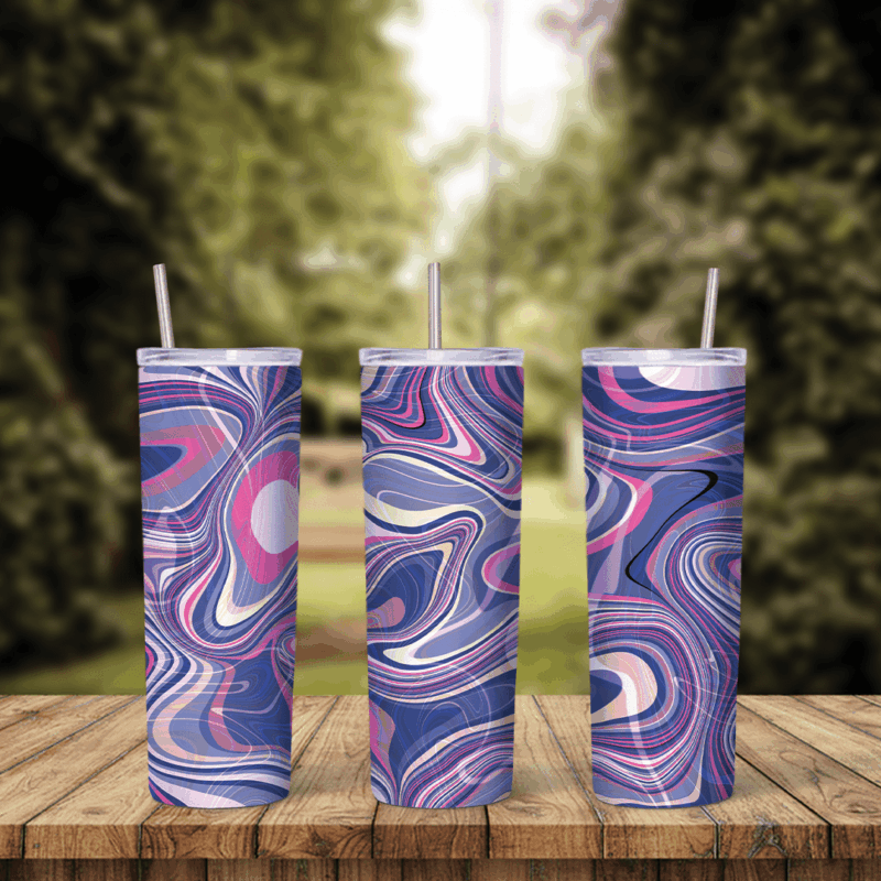A full 20 oz skinny tumbler wrap with a swirled marble pattern in purple, lilac, navy, pink and white flowing lines. Sublimation design