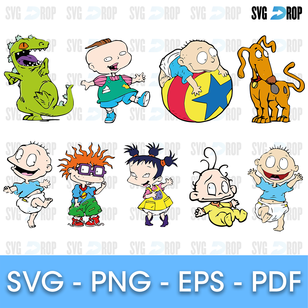 A sheet of full color Rugrats characters: Reptar, Phil, Tommy on a ball, Spike, Chuckie, Kimi, Dil and the babies in playful poses. SVG bundle