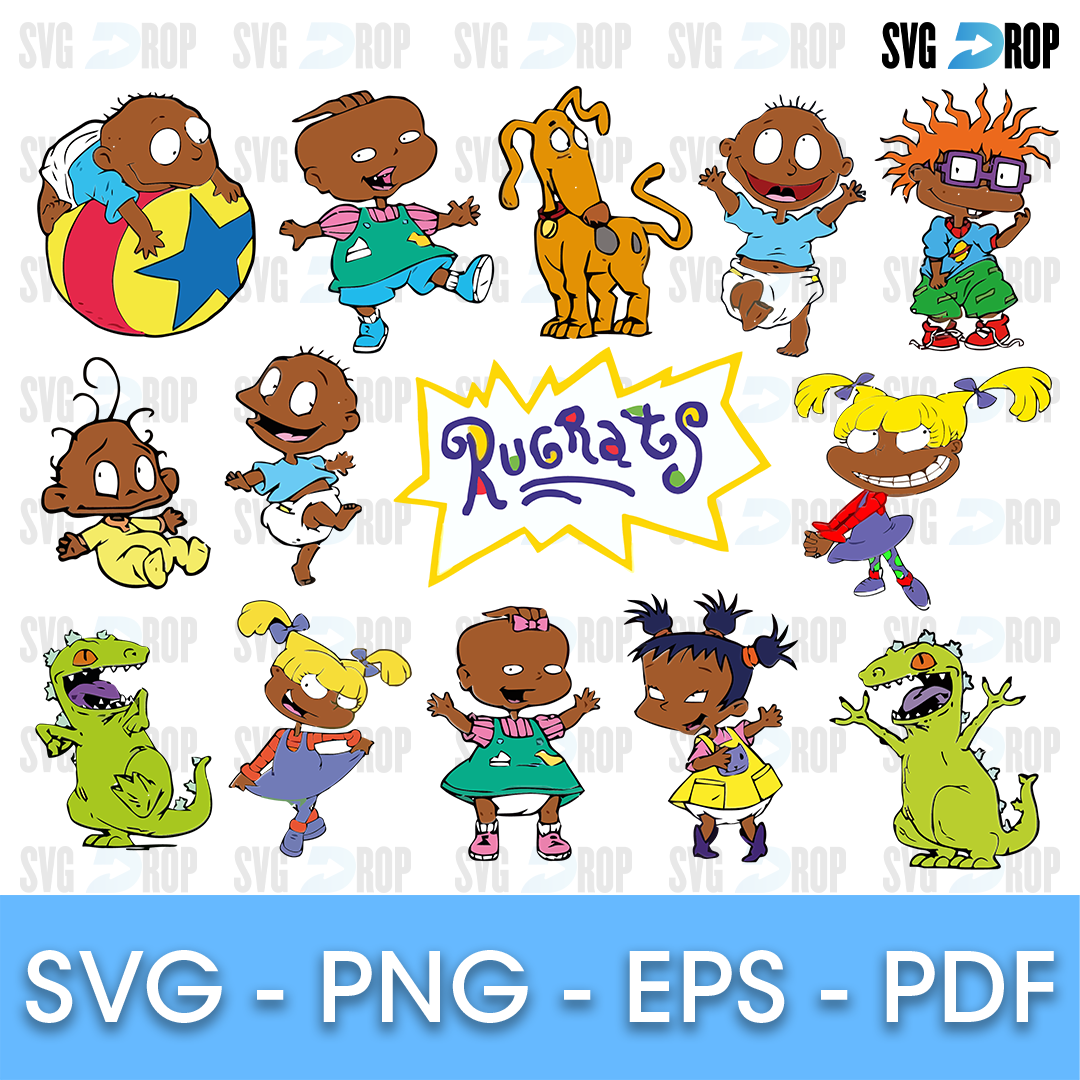 A sheet of full color Rugrats clipart with the logo: Susie, Angelica, Chuckie, Kimi, Tommy, Spike, a ball and two Reptar poses. SVG bundle