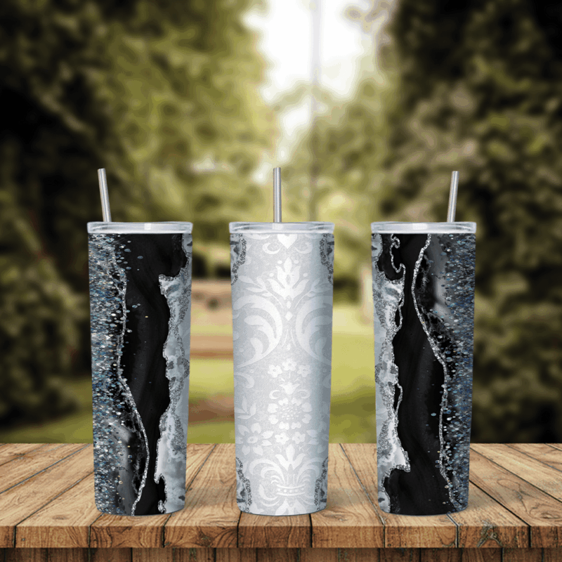 A full 20 oz skinny tumbler wrap with black and white marble, silver glitter veins and a white damask panel. Sublimation design