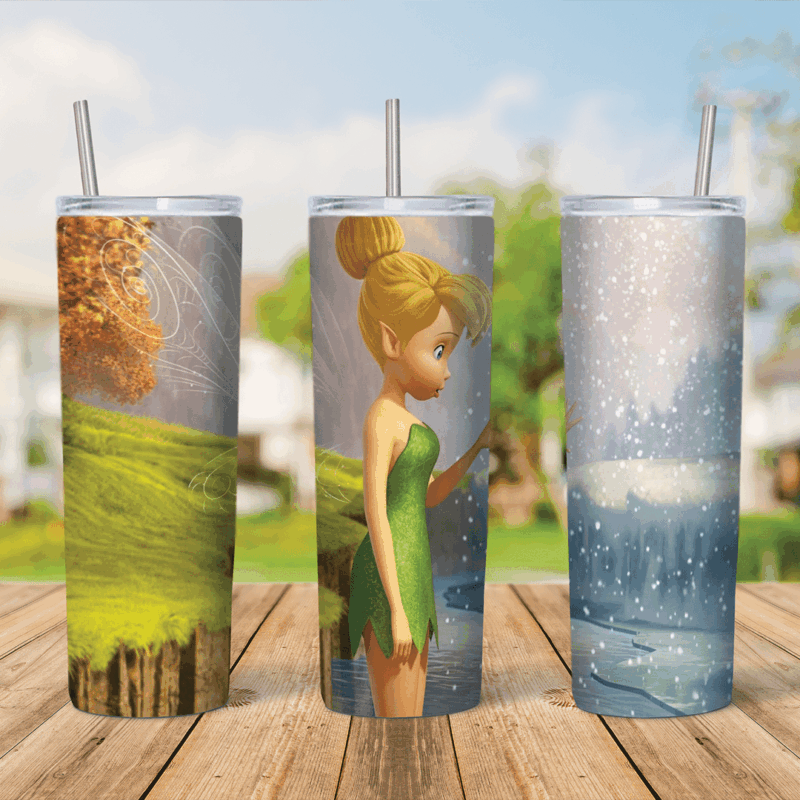 A Tinker Bell tumbler wrap with Tink in her green dress between an autumn tree, a spring green meadow and a snowy winter stream. Sublimation design