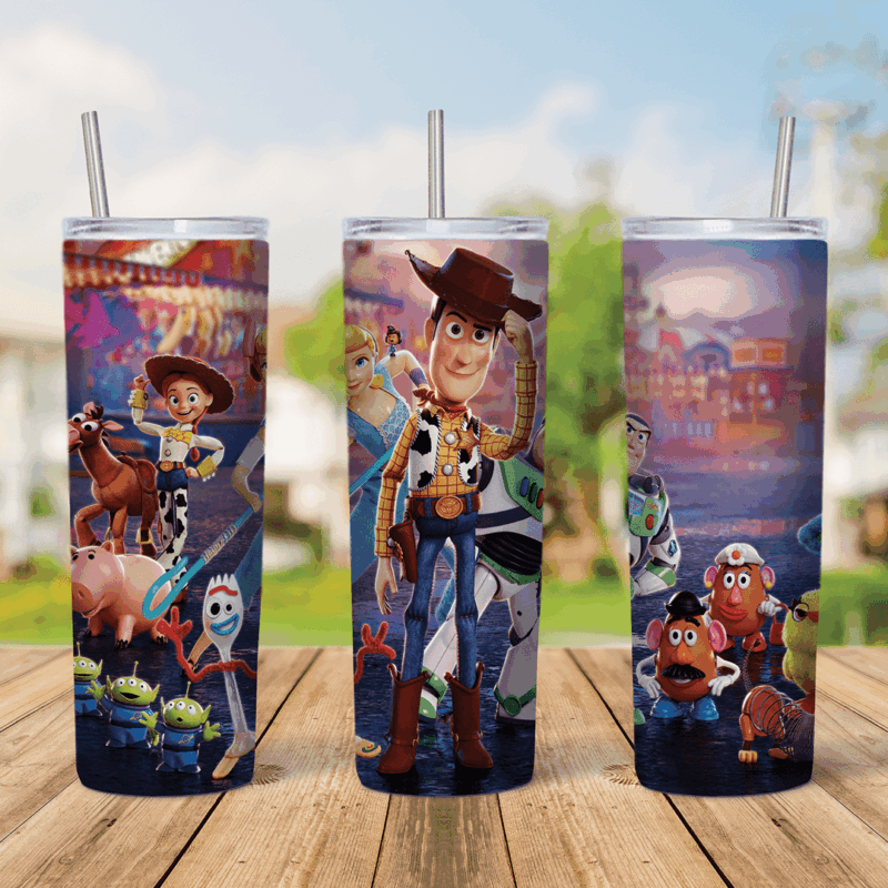 A 20 oz skinny tumbler wrap with the Toy Story cast on a night scene: Woody, Jessie riding Bullseye, Buzz Lightyear, Forky, Hamm. Sublimation design