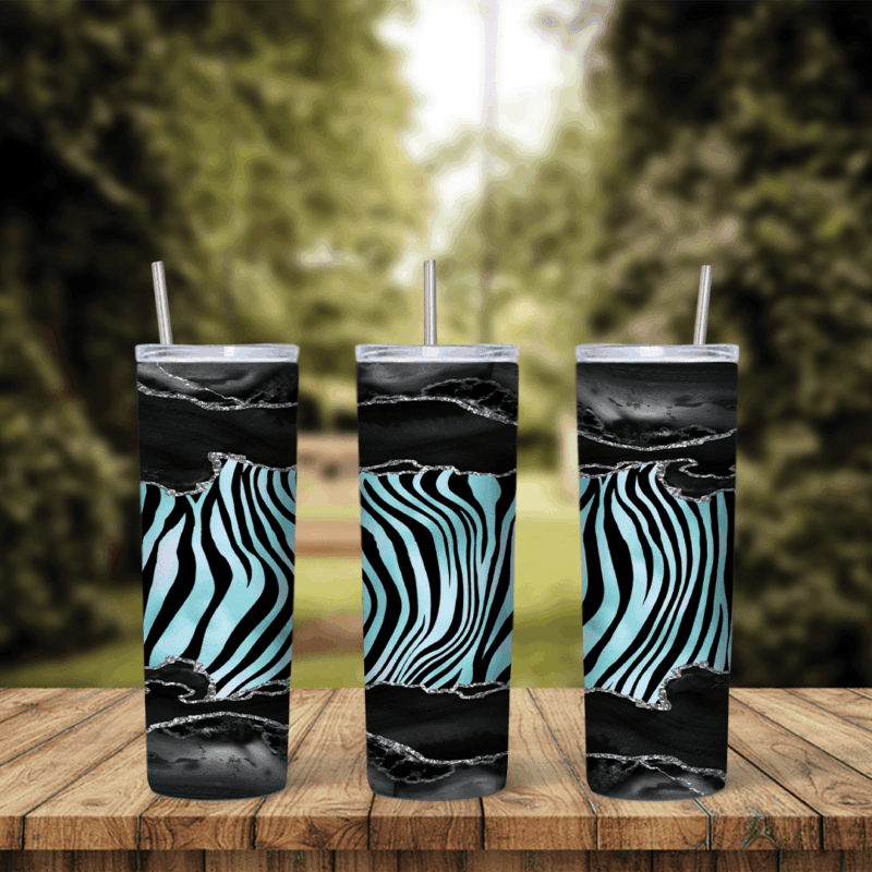A full 20 oz skinny tumbler wrap with a turquoise and black zebra stripe band framed by black and grey marble with silver glitter. Sublimation design