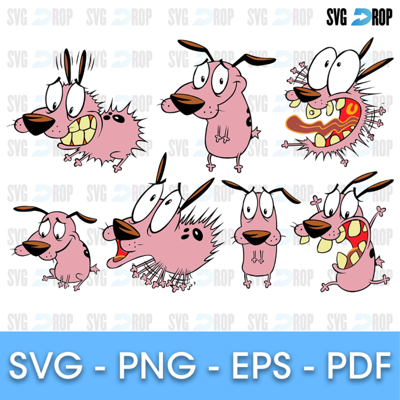 A full color Courage the Cowardly Dog bundle: the pink dog Courage scared, screaming, running, trembling and smiling, in the show’s. SVG bundle