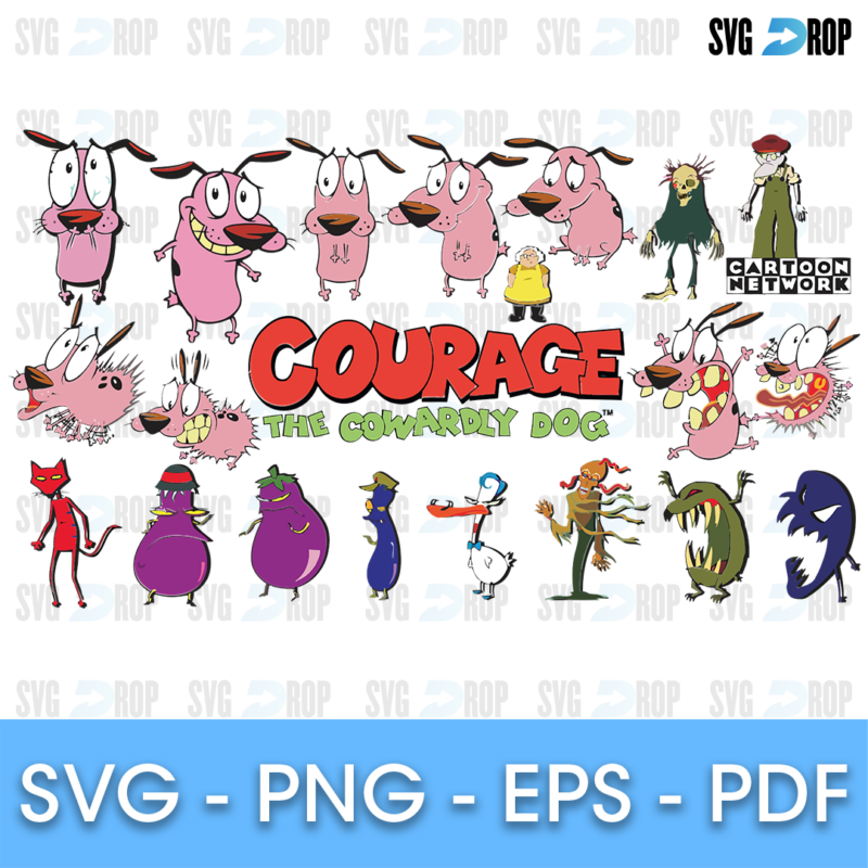 A full color Courage the Cowardly Dog bundle: Courage in several poses, the Courage the Cowardly Dog logo, the Cartoon Network logo. SVG bundle