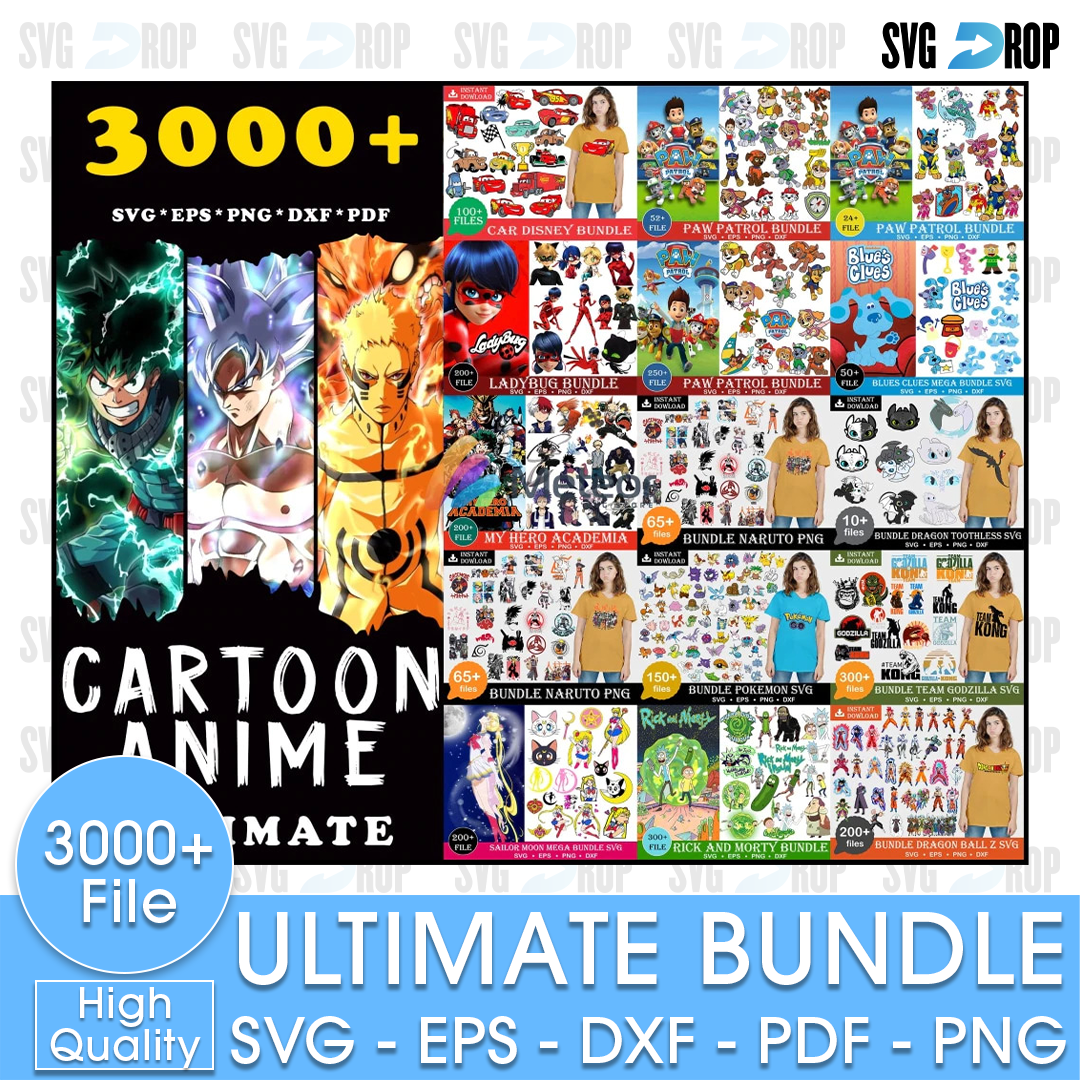 A large cartoon and anime collection: previews of many character sheets with Deku, Goku, Naruto and other anime heroes, plus cartoon. SVG bundle