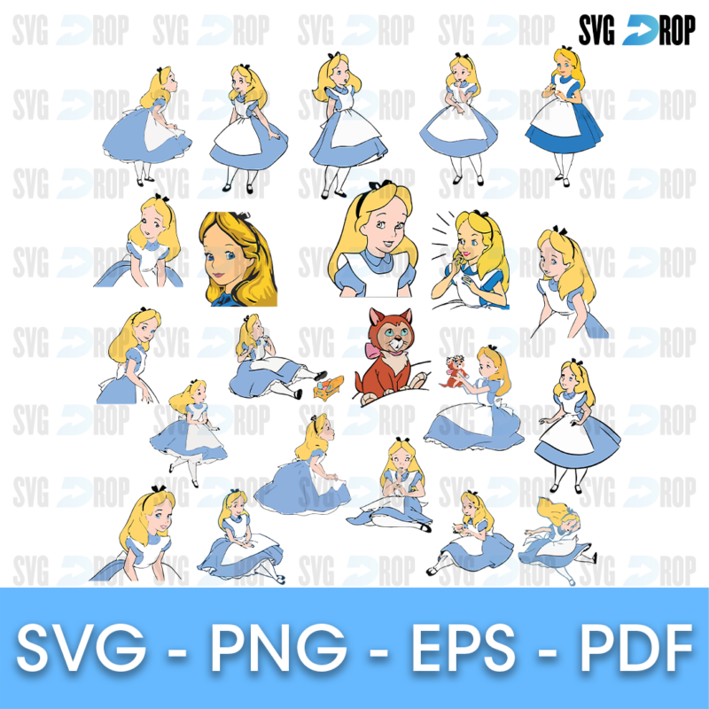 A sheet of classic cartoon Alice in her blue dress and white apron in many poses, including falling, sitting, running and holding. SVG bundle