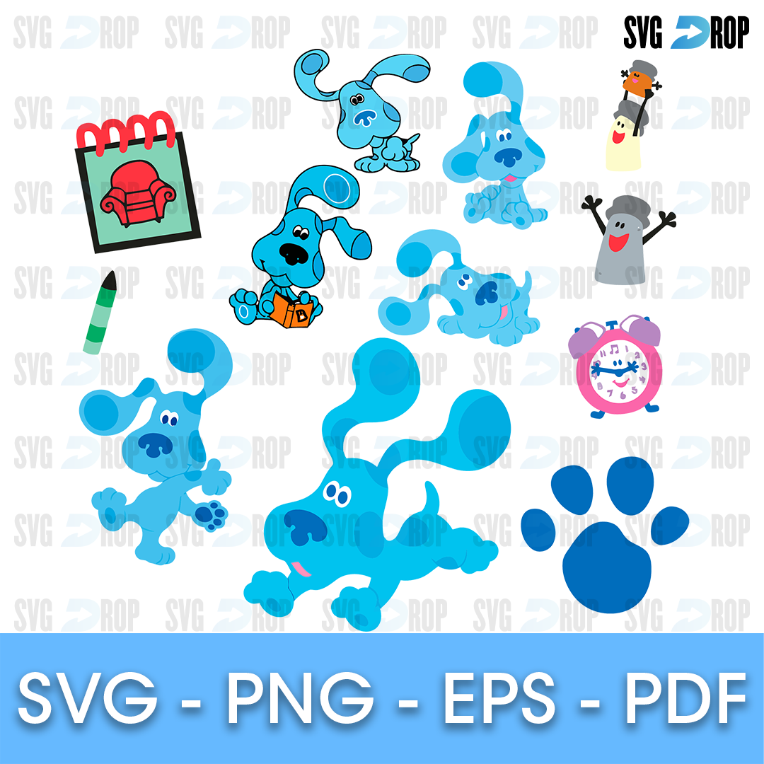 A full color Blue’s Clues design set: Blue in several poses, the handy dandy notebook, a crayon, a pink Tickety Tock alarm clock, a salt. SVG bundle