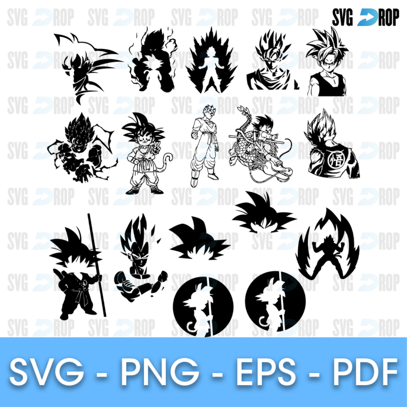 A sheet of Dragon Ball Z silhouettes in black: Goku, Vegeta, Gohan and other fighters in battle poses, with round silhouette badges. SVG bundle