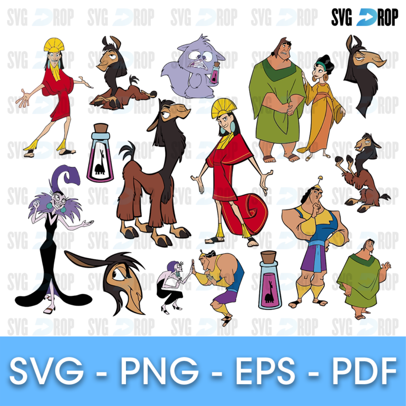 A sheet of full color Emperor’s New Groove designs: Kuzco as a llama and as an emperor, Pacha, Yzma, Kronk, Chicha and the kids. SVG bundle