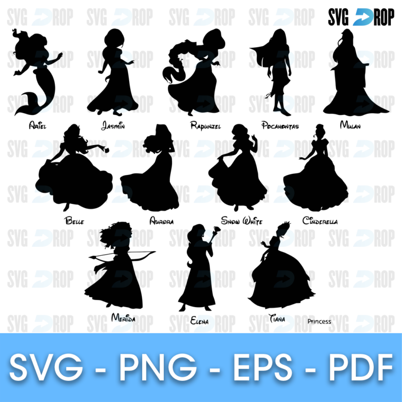 A set of black Disney princess silhouettes with their names: Ariel, Jasmine, Rapunzel, Pocahontas, Mulan, Belle, Aurora, Snow White. SVG bundle