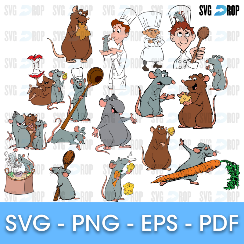 A sheet of full color Ratatouille designs: Remy the rat cooking with a wooden spoon, Emile, Linguini, Chef Skinner and other rats. SVG bundle