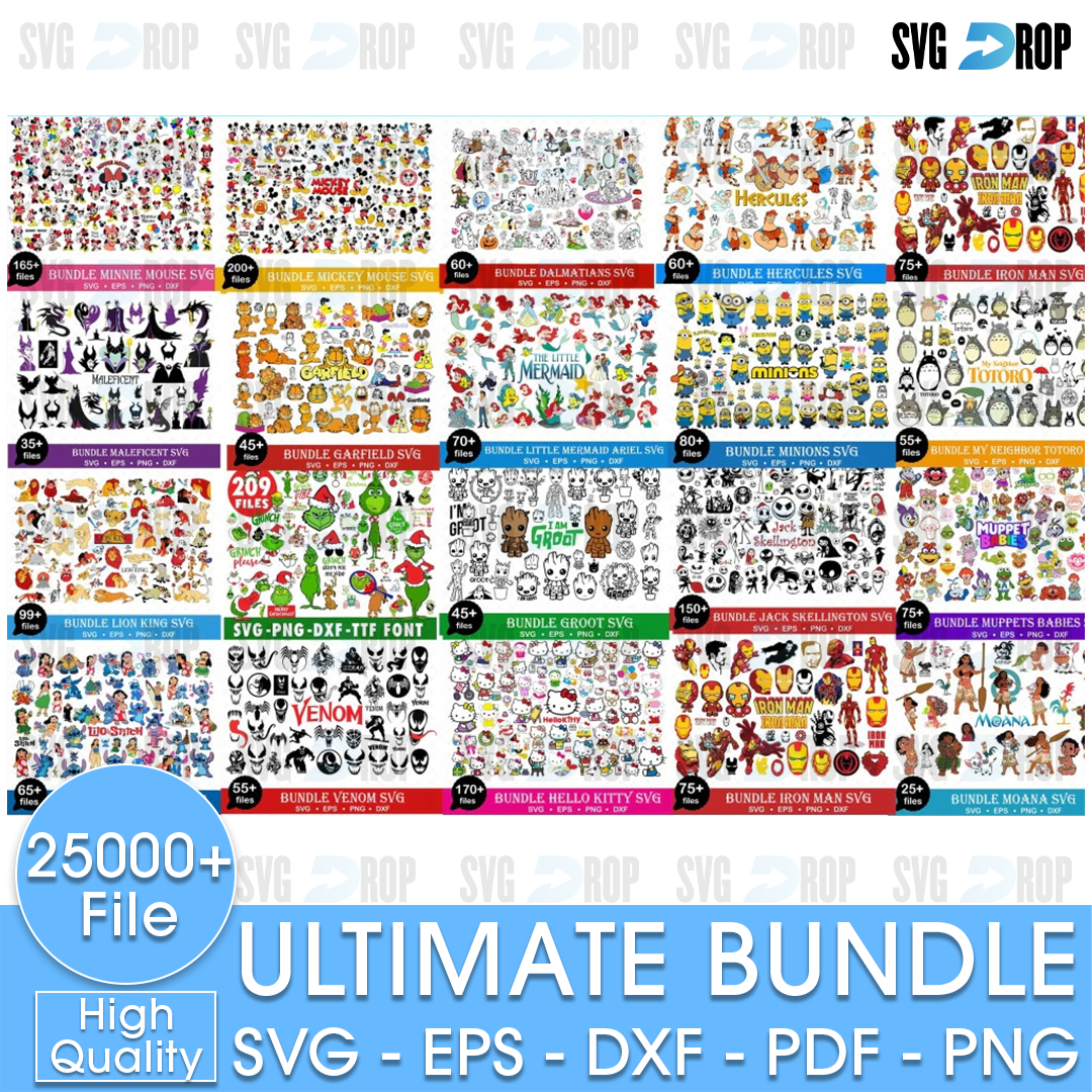 A huge mixed cartoon collection shown as a grid of bundle covers: Disney, Pixar, Nickelodeon, Looney Tunes, anime and other cartoon. SVG bundle
