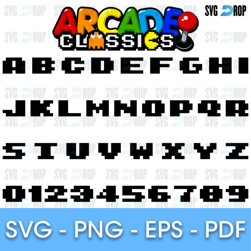 An Arcade Classics style alphabet: blocky pixel capital letters and numbers 0 to 9 in black, shown under a colorful Arcade. Font SVG cut file