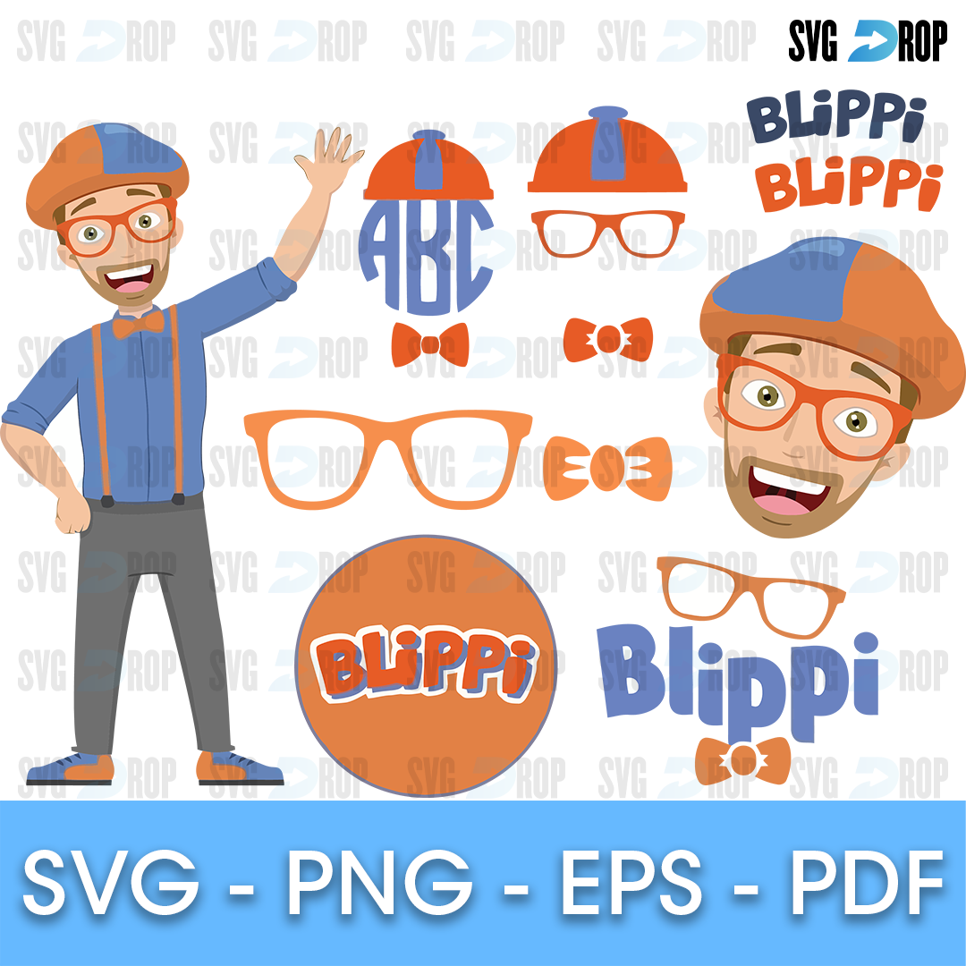 A sheet of large Blippi designs: his smiling face in the orange and blue hat, Blippi waving, orange glasses, bow ties, an ABC monogram. SVG bundle