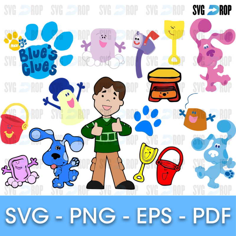 A full color Blue’s Clues design set: Steve, Blue, Magenta, Mr. Salt, Shovel, Pail, Tickety Tock, Slippery Soap, Mailbox, blue paw prints. SVG bundle