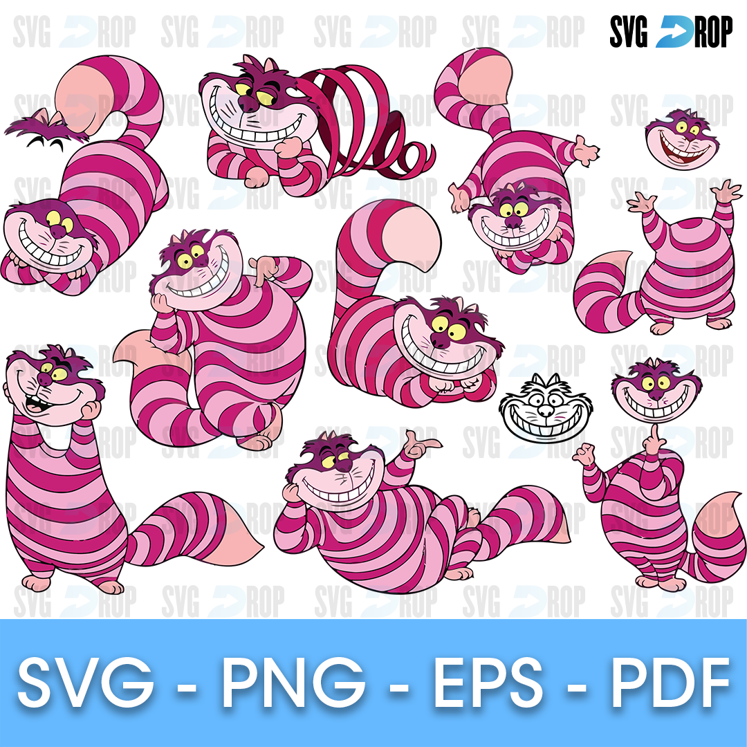 A Cheshire Cat set in full color: the pink and purple striped cat grinning, lying down, curled up and floating, plus a few floating heads. SVG bundle