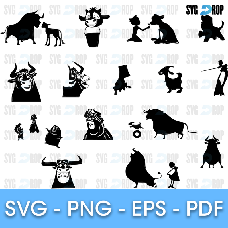 A set of black silhouettes from Cow and Chicken: the Red Guy devil, Cow, Chicken and other characters in different poses and scenes. SVG bundle