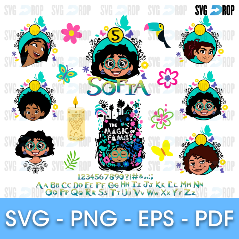 A personalized Encanto birthday set: Mirabel head frames with flower and candle crowns, a number 5, Sofia name lettering, The Magic. SVG bundle