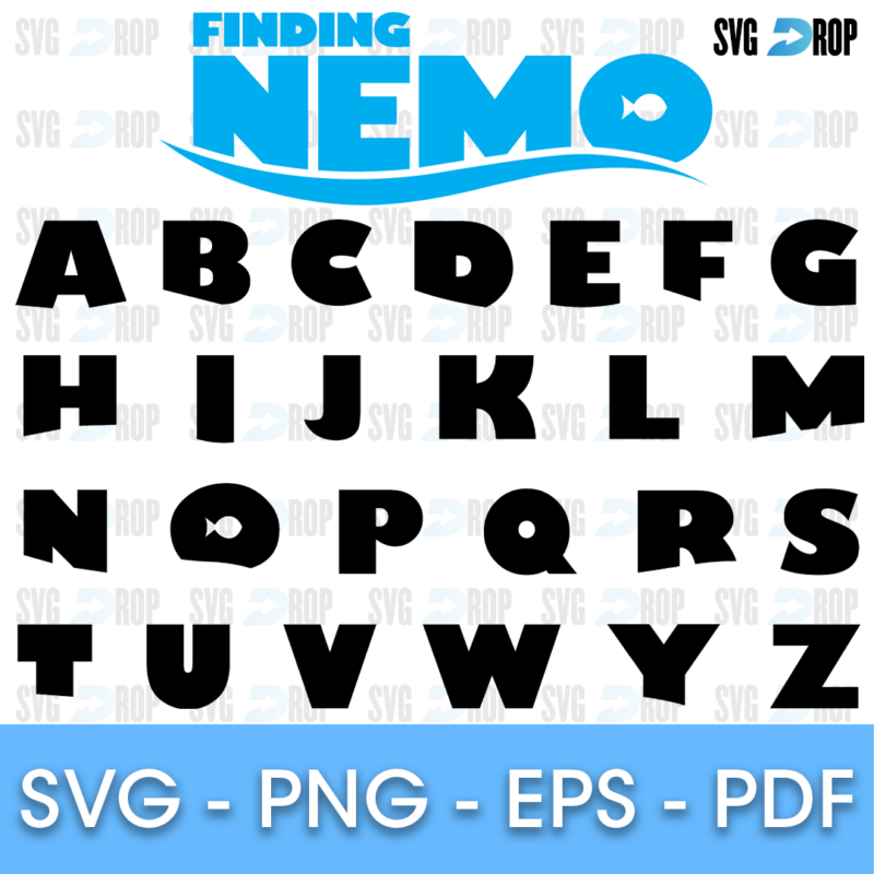 A Finding Nemo style alphabet in heavy, slightly wavy black capitals, shown under the blue Finding Nemo title logo. Font SVG cut file