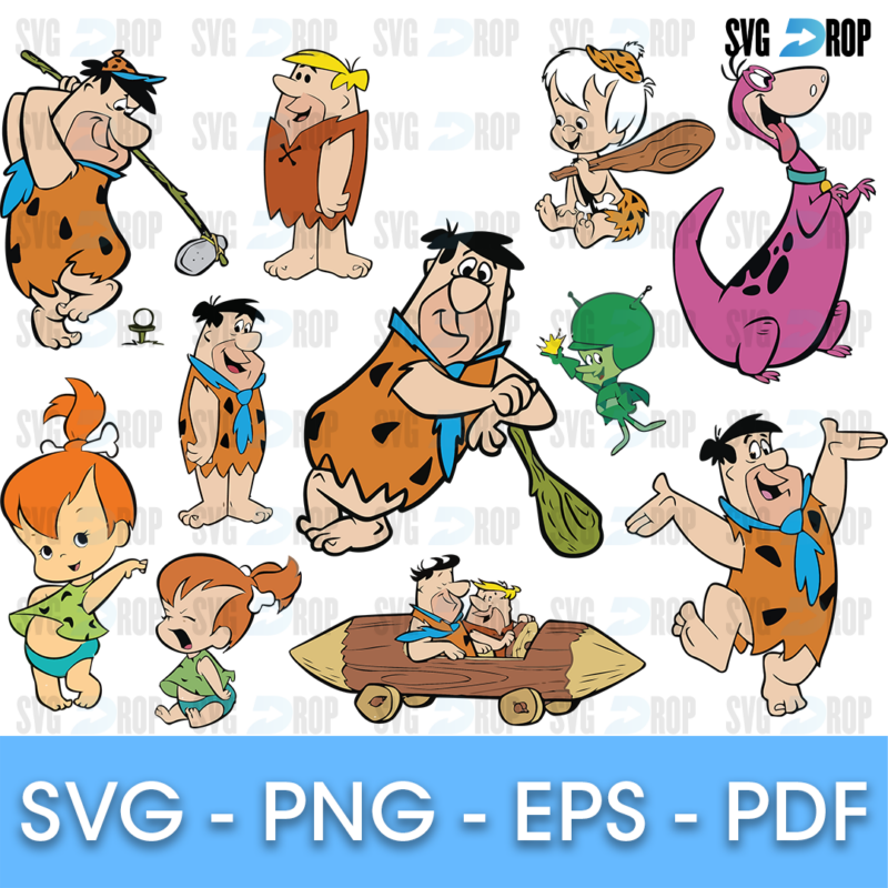 A Flintstones set in full color: Fred playing golf and bowling, Barney, Pebbles, Bamm-Bamm, Dino the purple dinosaur, the Great Gazoo. SVG bundle