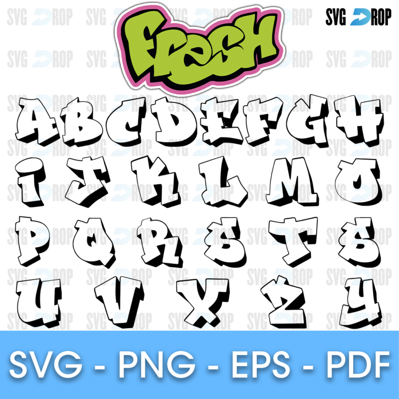 A graffiti style alphabet: white bubble letters A to Z with black 3D outlines, under a green and purple Fresh title in the Fresh. Font SVG cut file