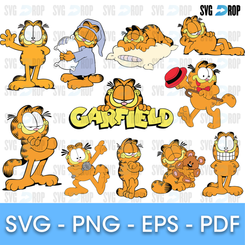 A Garfield set: Garfield in a nightcap with a pillow, asleep on a cushion, tipping a red hat, hugging Pooky and yellow Garfield lettering. SVG bundle
