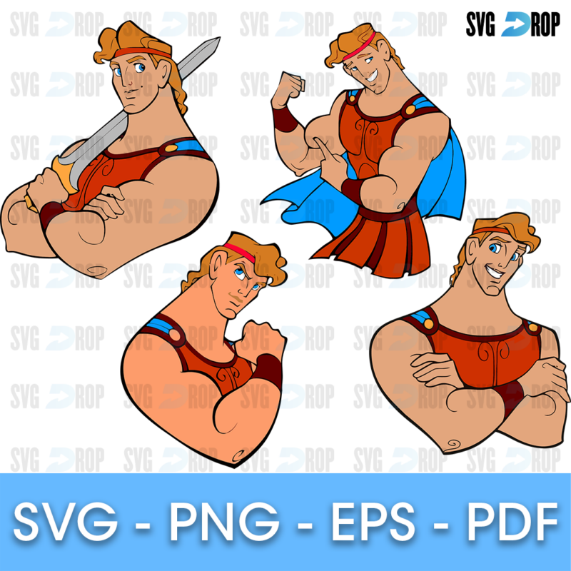 Large full color Hercules portraits: Hercules with crossed arms, flexing with his blue cape and holding a sword over his shoulder. SVG bundle