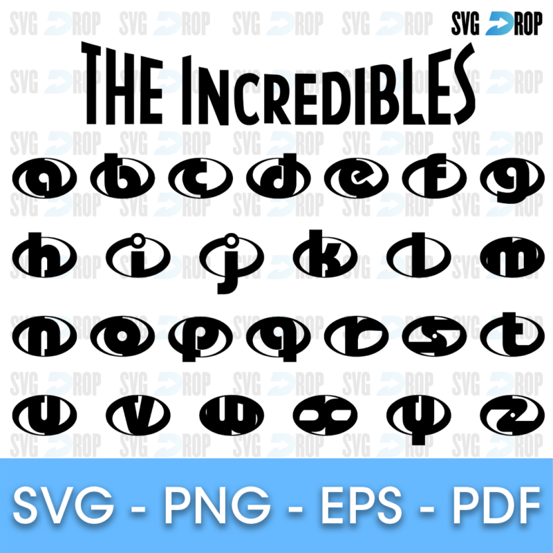 An Incredibles style alphabet: each letter from a to z set inside a black oval like the family emblem, under a black. Font SVG cut file