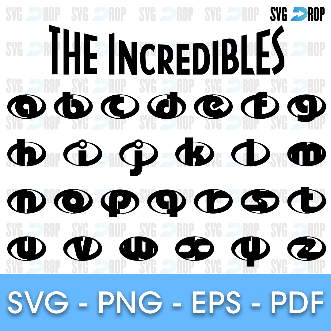 An Incredibles style alphabet: each letter from a to z set inside a black oval like the family emblem, under a black. Font SVG cut file