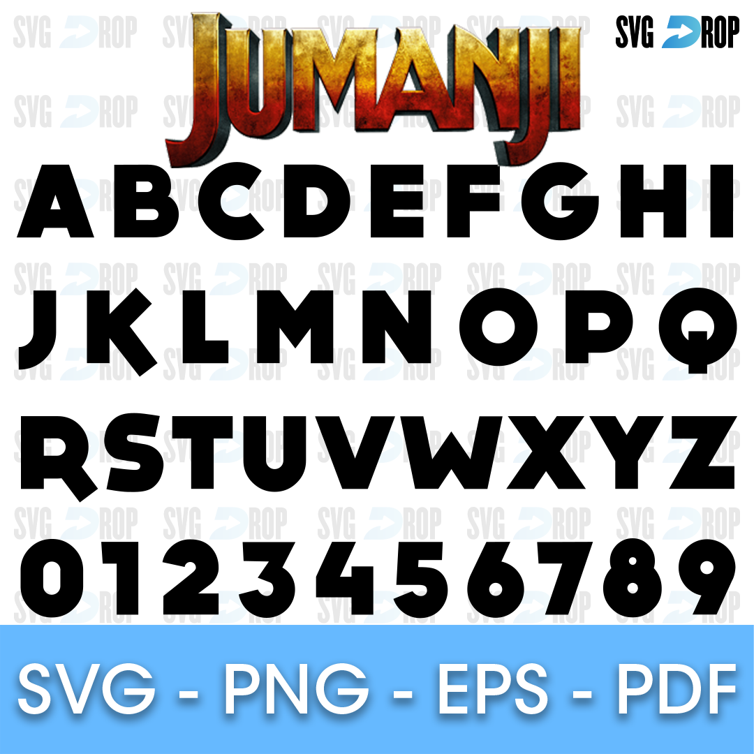 A Jumanji style alphabet in heavy black geometric capitals with numbers 0 to 9, shown under the textured Jumanji title logo. Font SVG cut file