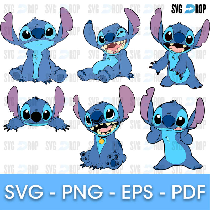 A set of large full color Stitch designs: Stitch sitting, grinning, waving, lying down and holding his ears in blue with purple ears. SVG bundle