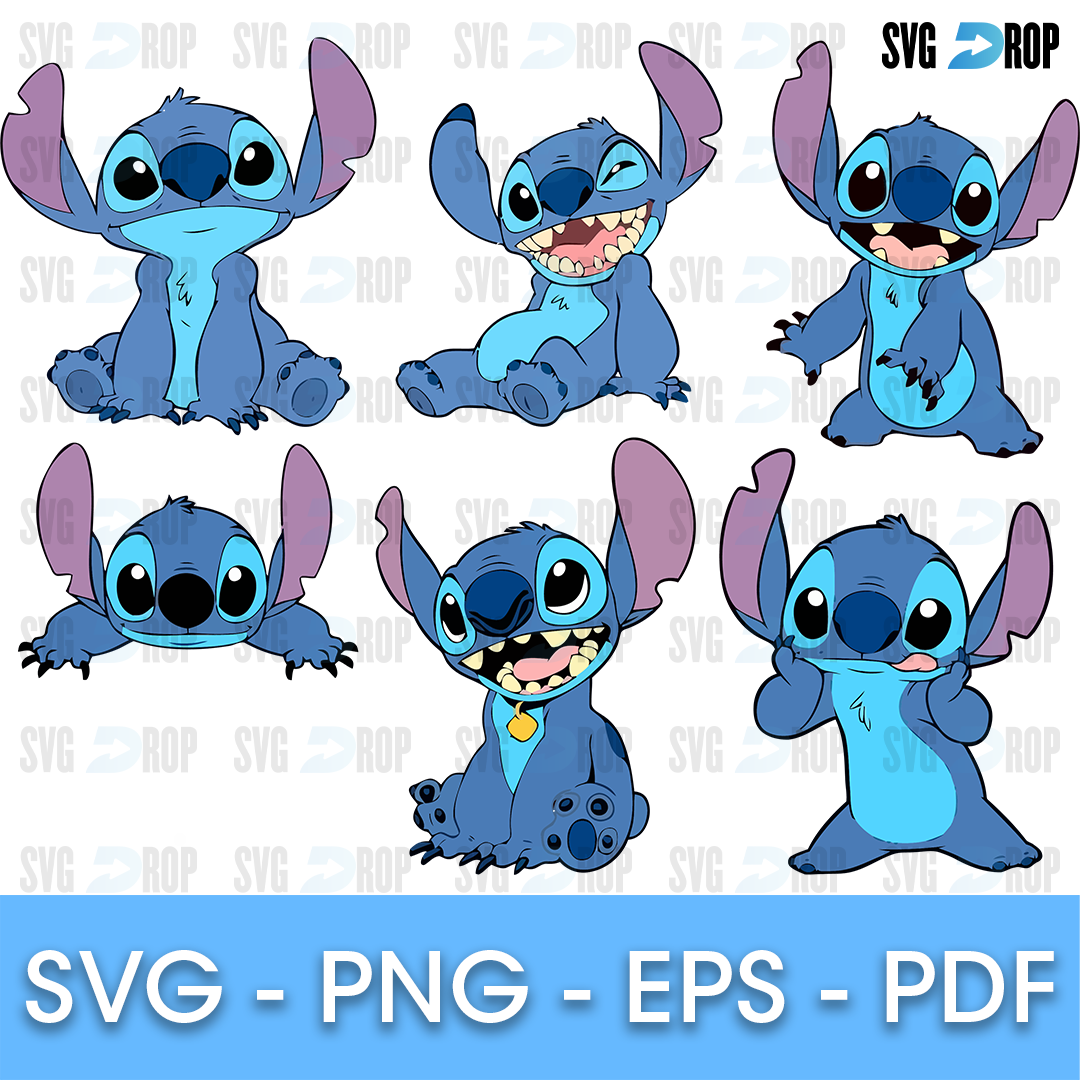 A set of large full color Stitch designs: Stitch sitting, grinning, waving, lying down and holding his ears in blue with purple ears. SVG bundle
