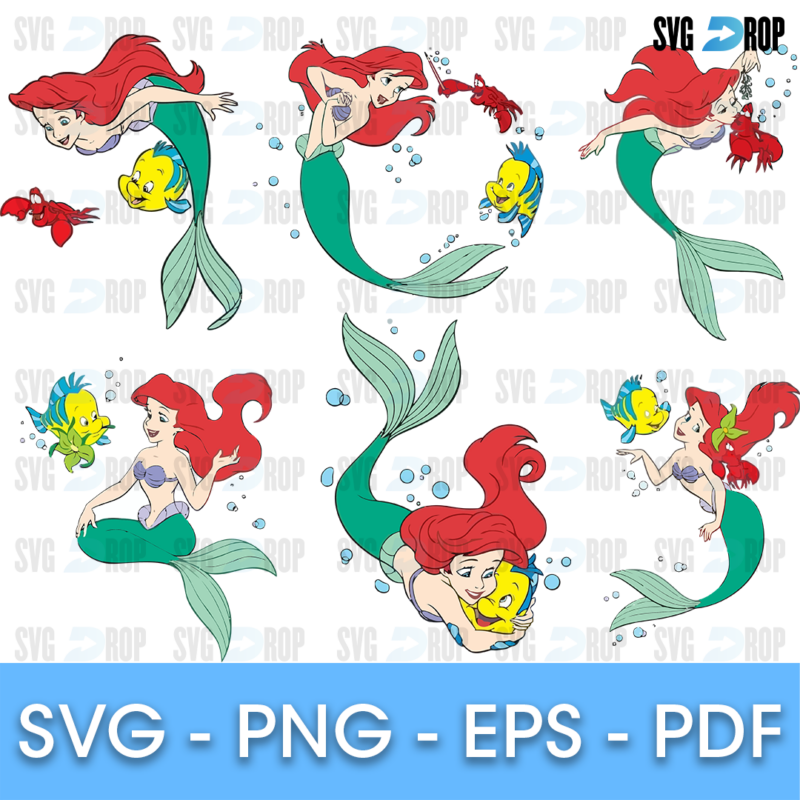 Little Mermaid Ariel and Flounder Color Bundle SVG