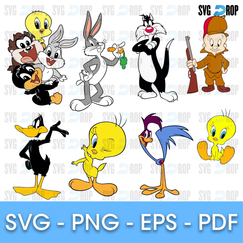 Large full color Looney Tunes characters: Bugs Bunny with a carrot, Taz, Sylvester, Elmer Fudd with a gun, Daffy Duck, Tweety and Road. SVG bundle