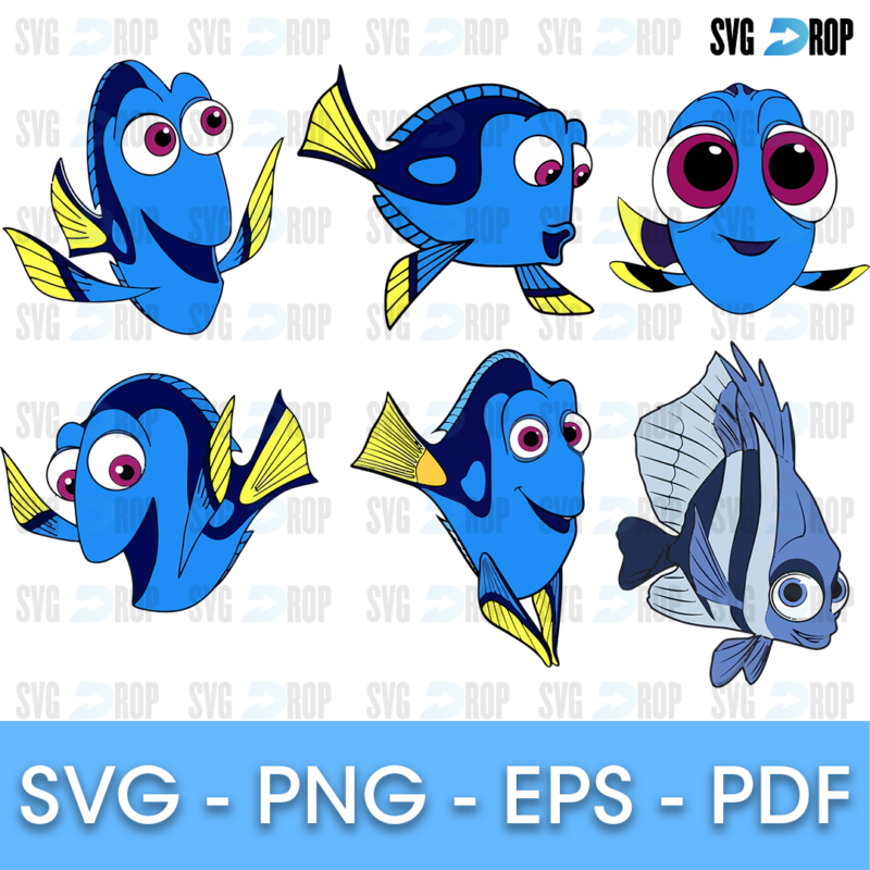 Large full color Dory designs: Dory swimming, smiling and looking surprised with big purple eyes, plus a striped gray fish. SVG bundle