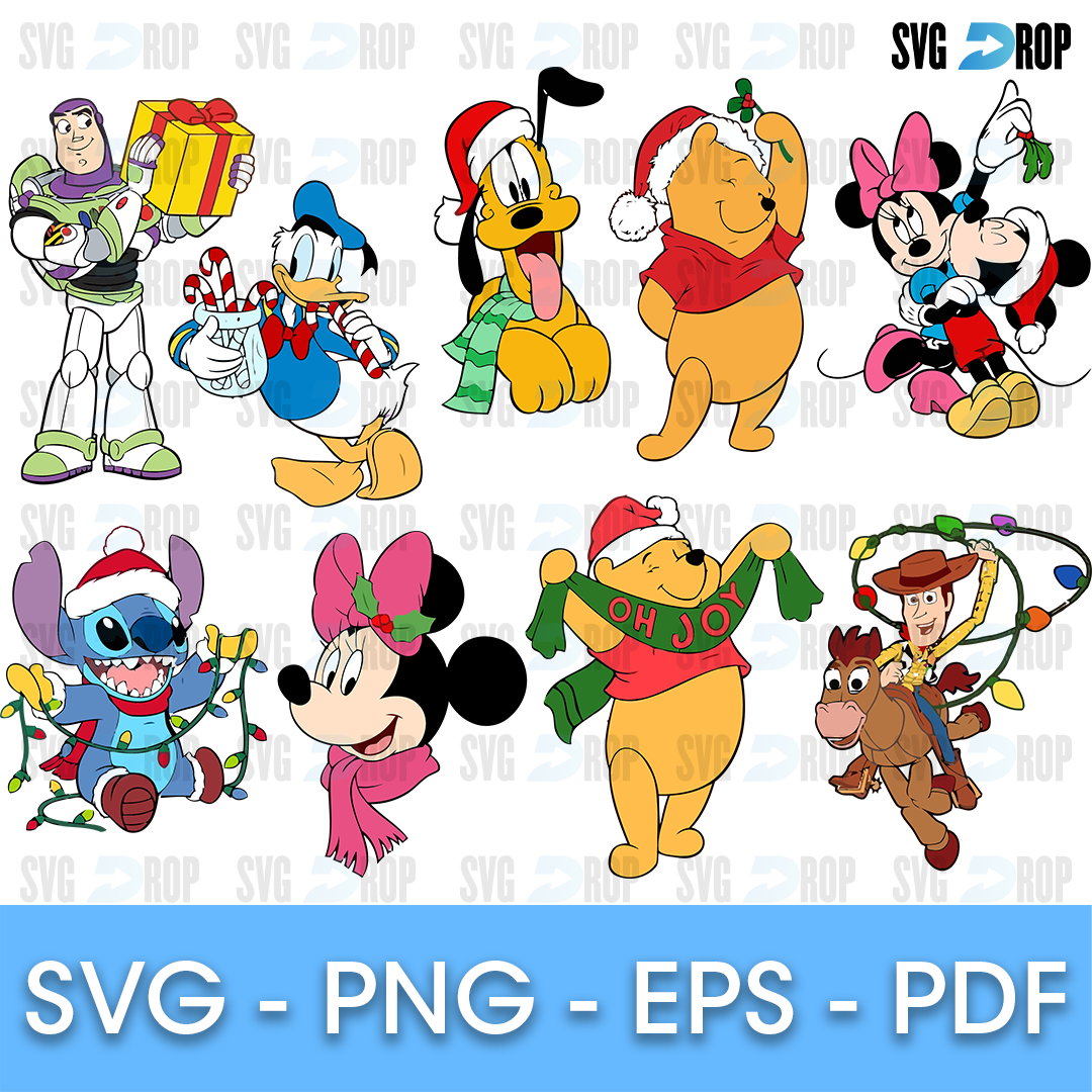 A bundle of Disney Christmas designs: Pooh in a scarf and Santa hat, Mickey and Minnie, Donald Duck, Pluto, Stitch in lights, Buzz. SVG bundle