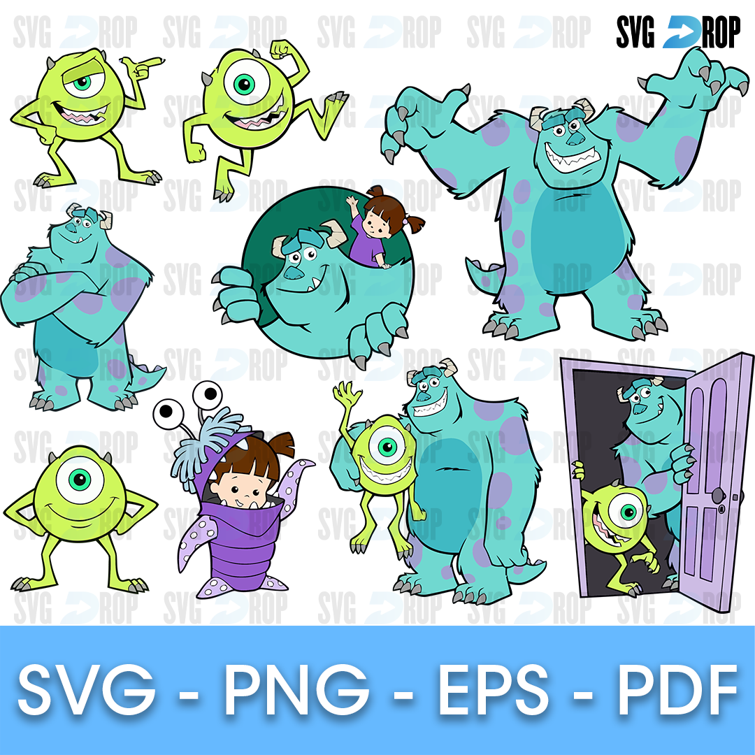 A full color Monsters Inc bundle: Sulley, Mike Wazowski and Boo in different poses, Boo in her monster costume and the pink closet door. SVG bundle