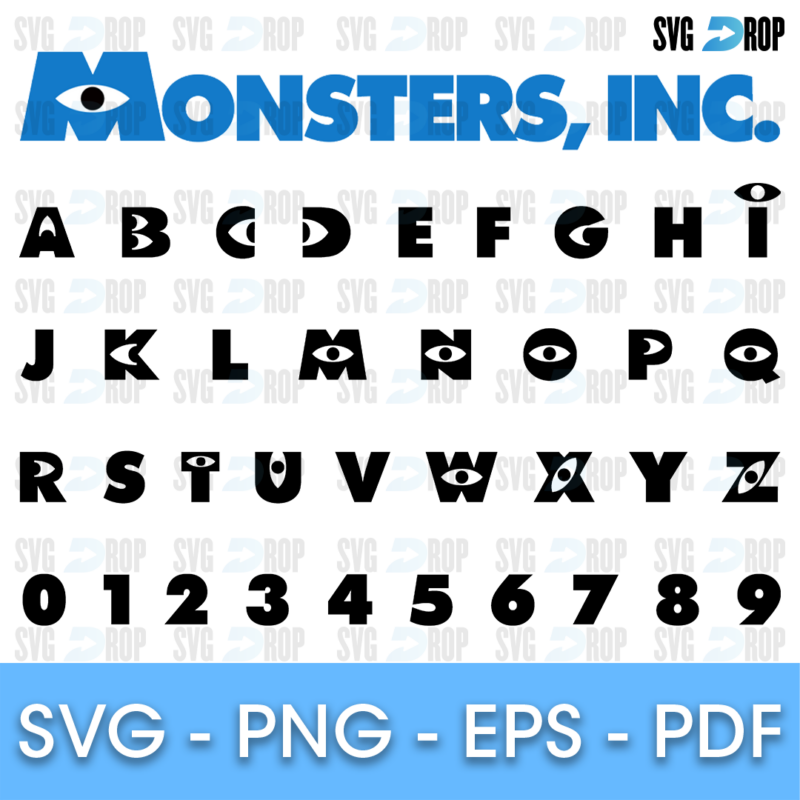 A Monsters, Inc. style alphabet in rounded black capitals with an eye shaped letter O and numbers 0 to 9, shown under the blue. Font SVG cut file